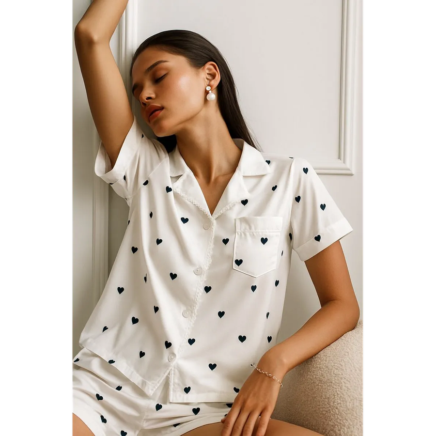 Women's Satin Pajama Set with Heart Print and Button-Down Shorts - Image 5