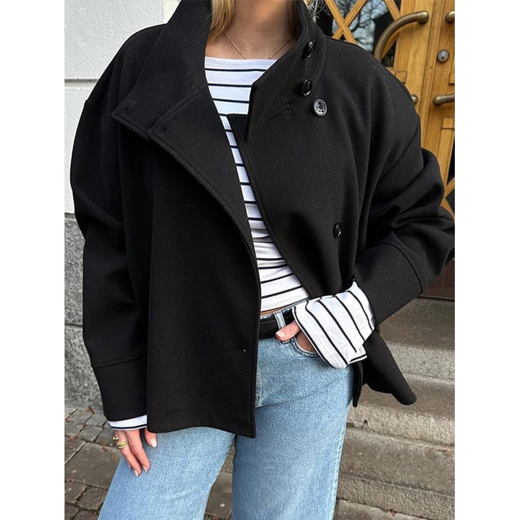 Women's Short Wool Coat with Oversized Silhouette and Convertible Funnel Collar - Image 2