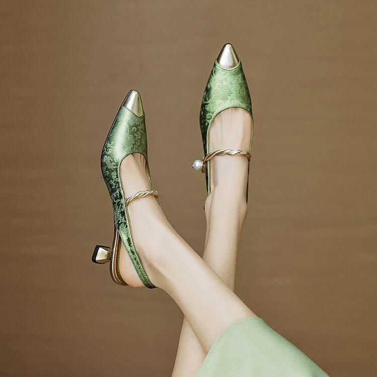 Women's Slingback Pointed Toe Kitten Heels with Pearl Strap and Gold Accents - Image 2