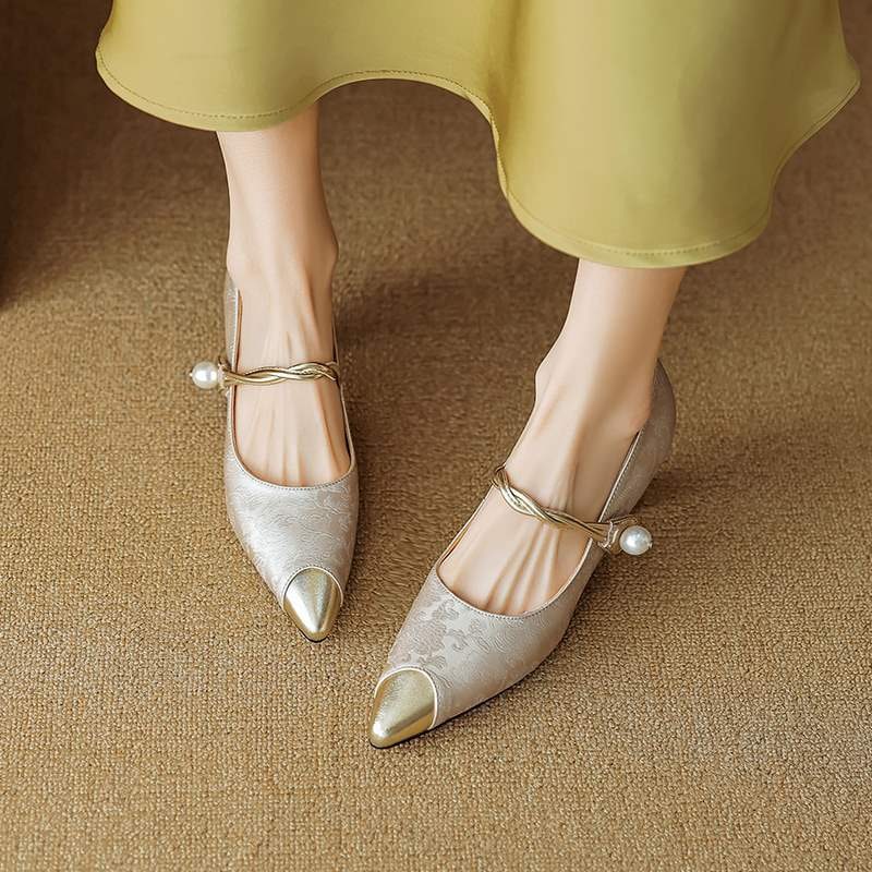 Women's Slingback Pointed Toe Kitten Heels with Pearl Strap and Gold Accents - Image 5