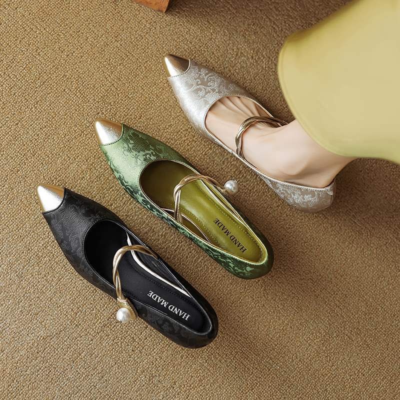 Women's Slingback Pointed Toe Kitten Heels with Pearl Strap and Gold Accents - Image 8