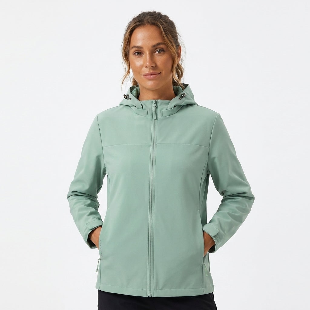 Women's Softshell Rain Jacket Hooded with Zip Pockets and Drawstring - Image 3