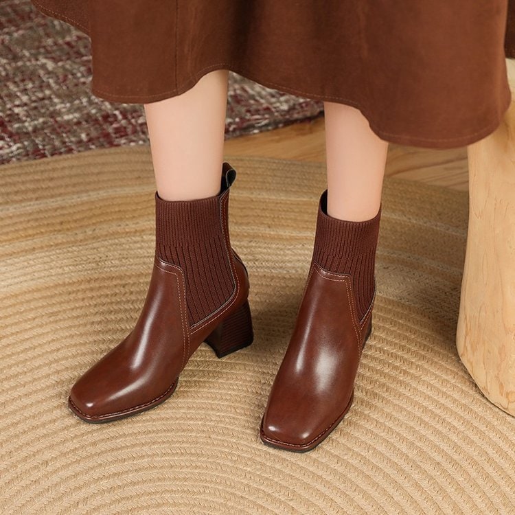 Women's Square Toe Sock Ankle Boots with Block Heel and Knit Collar Slip-On - Image 2