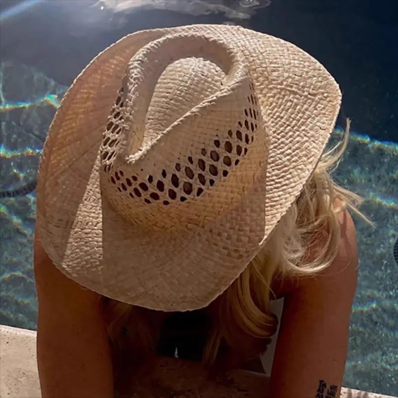 Women's Straw Cowboy Hat with Wide Brim and Open Weave Crown - Image 3