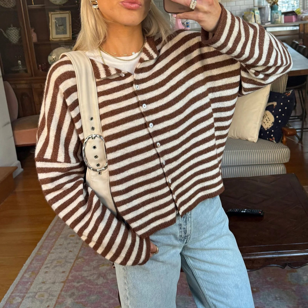 Women's Striped Cardigan Sweater with Button Front Collar and Long Sleeves - Image 1