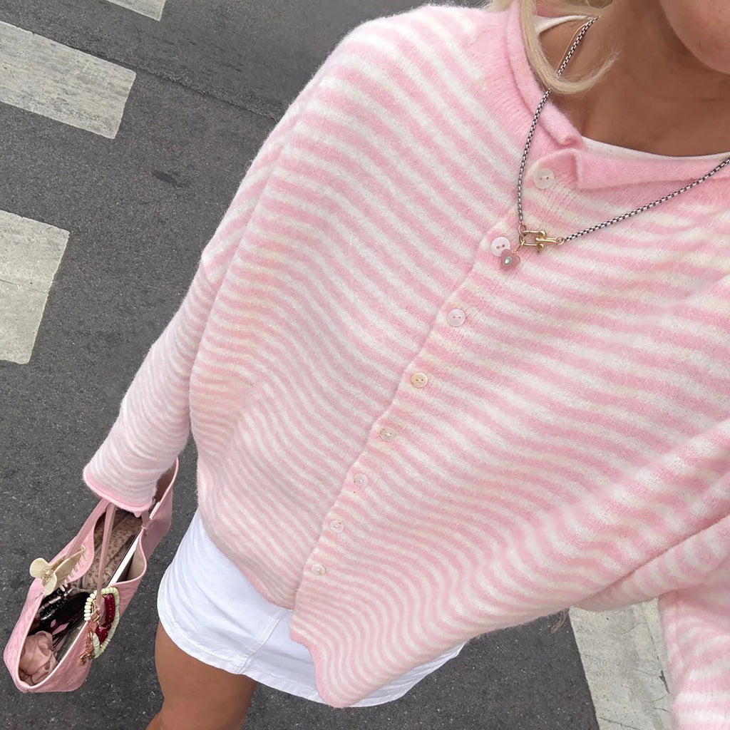 Women's Striped Cardigan Sweater with Button Front Collar and Long Sleeves - Image 3