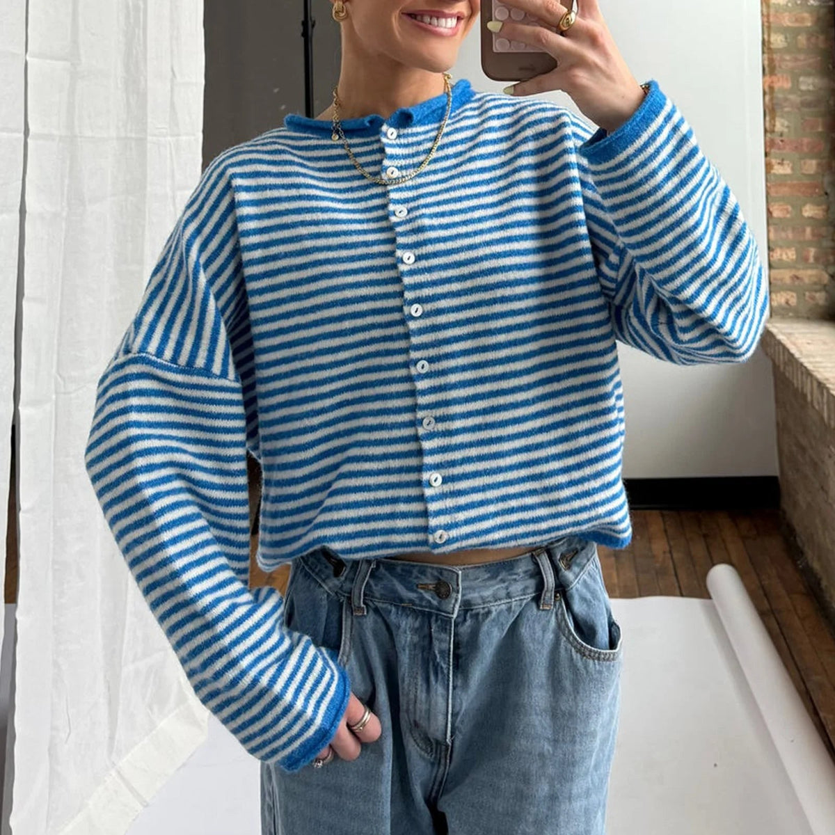 Women's Striped Cardigan Sweater with Button Front Collar and Long Sleeves - Image 4