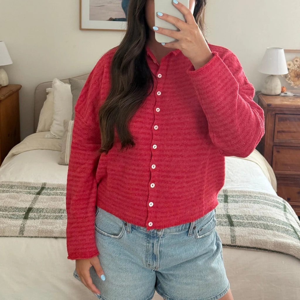 Women's Striped Cardigan Sweater with Button Front Collar and Long Sleeves - Image 6