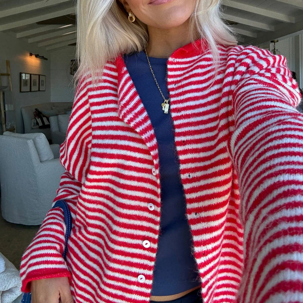 Women's Striped Cardigan Sweater with Button Front Collar and Long Sleeves - Image 8