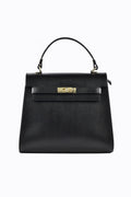 Women's Structured Leather Bag Top Handle with Gold-Tone Hardware and Fold-Over Flap - Image 1