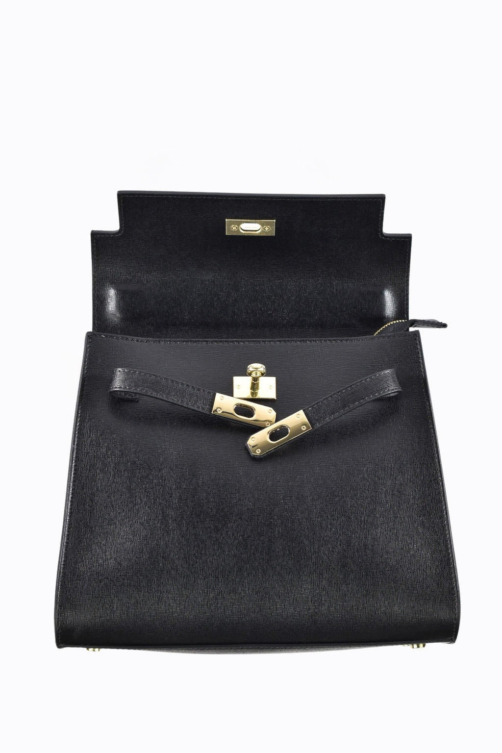 Women's Structured Leather Bag Top Handle with Gold-Tone Hardware and Fold-Over Flap - Image 5