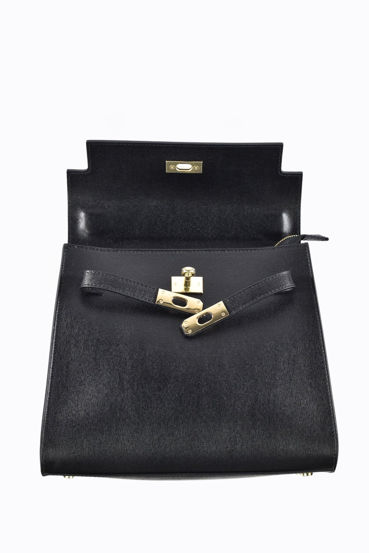 Women's Structured Leather Bag Top Handle with Gold-Tone Hardware and Fold-Over Flap - Image 5