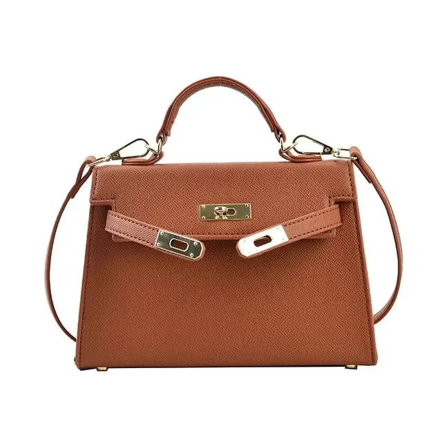 Women's Structured Top Handle Handbag with Gold Hardware and Turn Lock Closure - Image 4