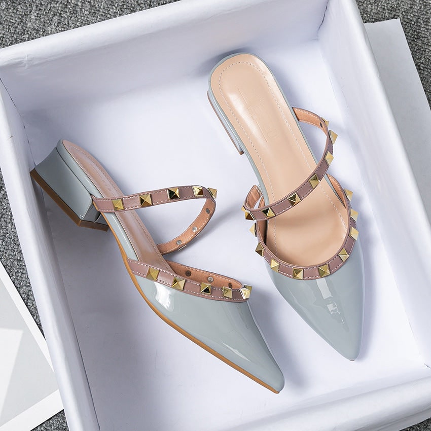 Women's Studded Block Heel Mules with Pointed Toe and Slip-On Leather - Image 2
