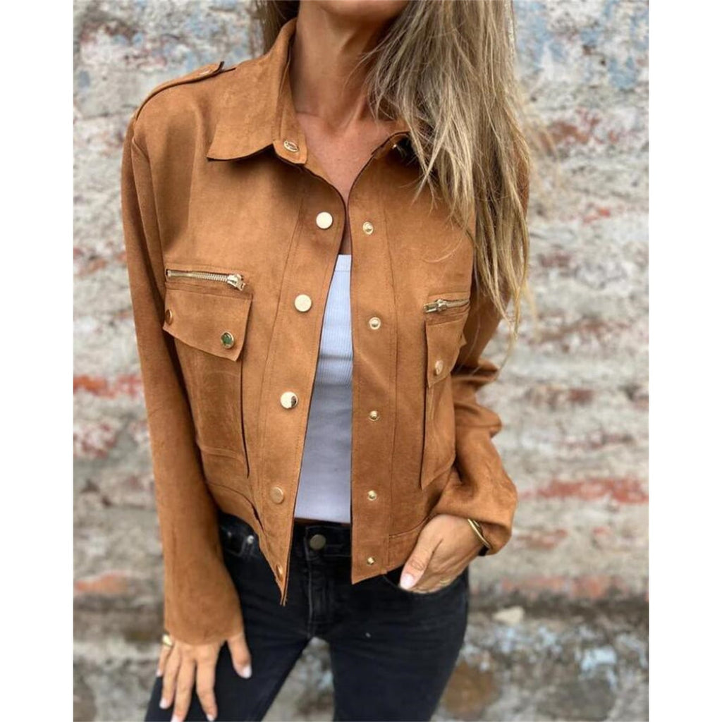 Women's Suede Cropped Utility Jacket with Snap Buttons and Flap Pockets - Image 1