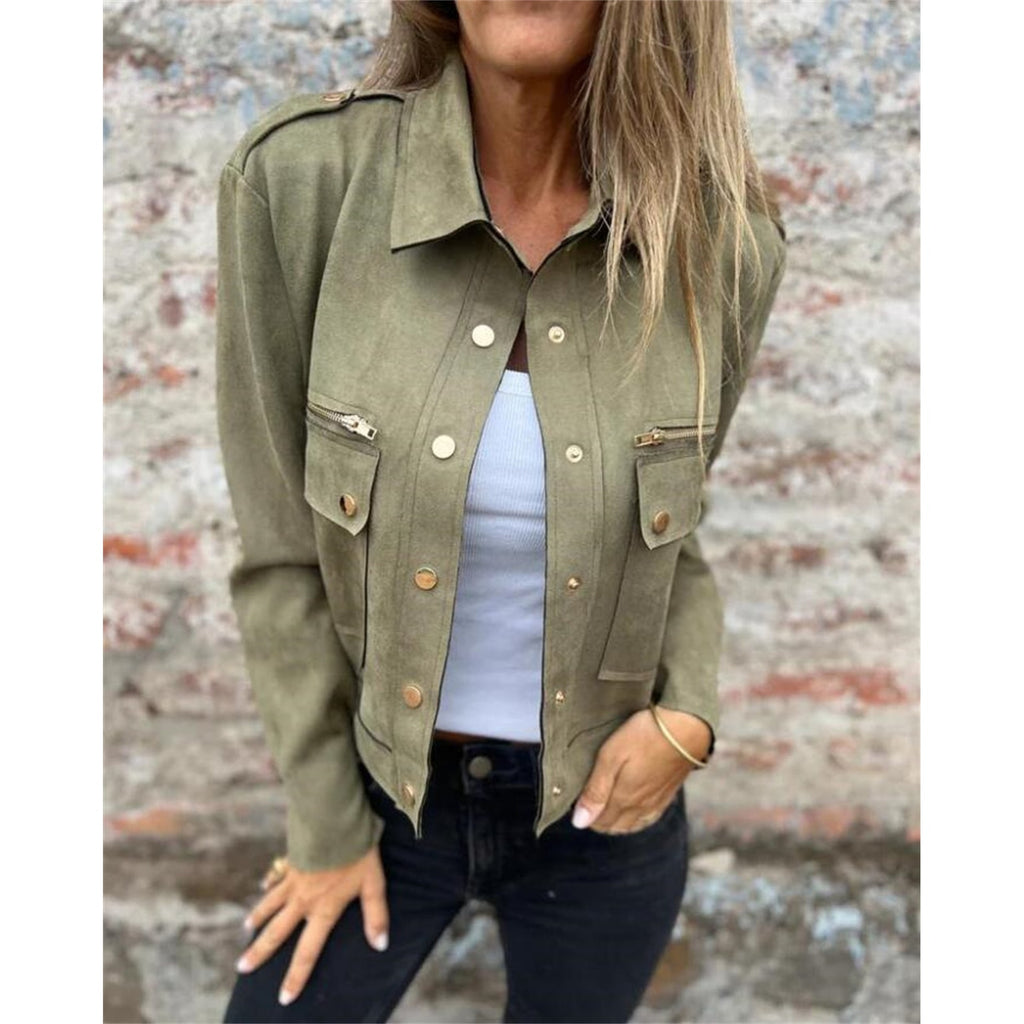 Women's Suede Cropped Utility Jacket with Snap Buttons and Flap Pockets - Image 2