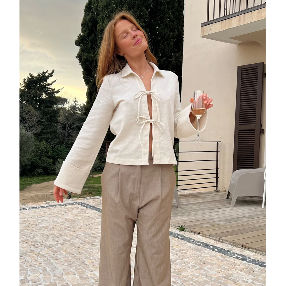 Women's Tie Front Blouse with Long Sleeves Wide Cuffs and Bow Bands - Image 6