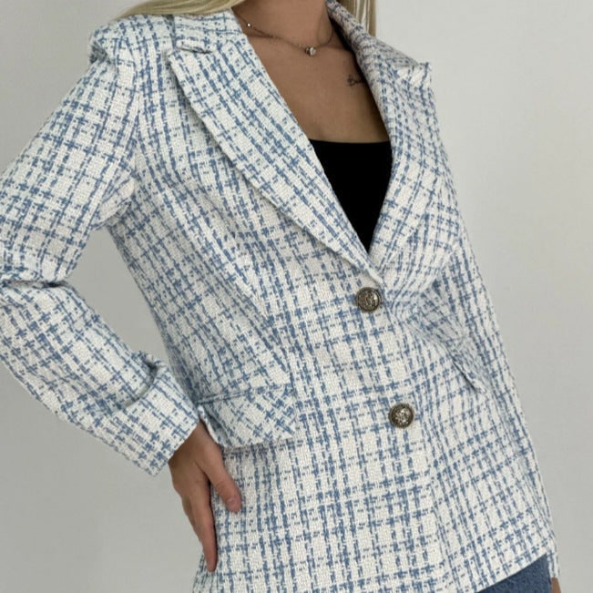Women's Tweed Plaid Tailored Blazer with Notched Lapel and Structured Shoulders - Image 2
