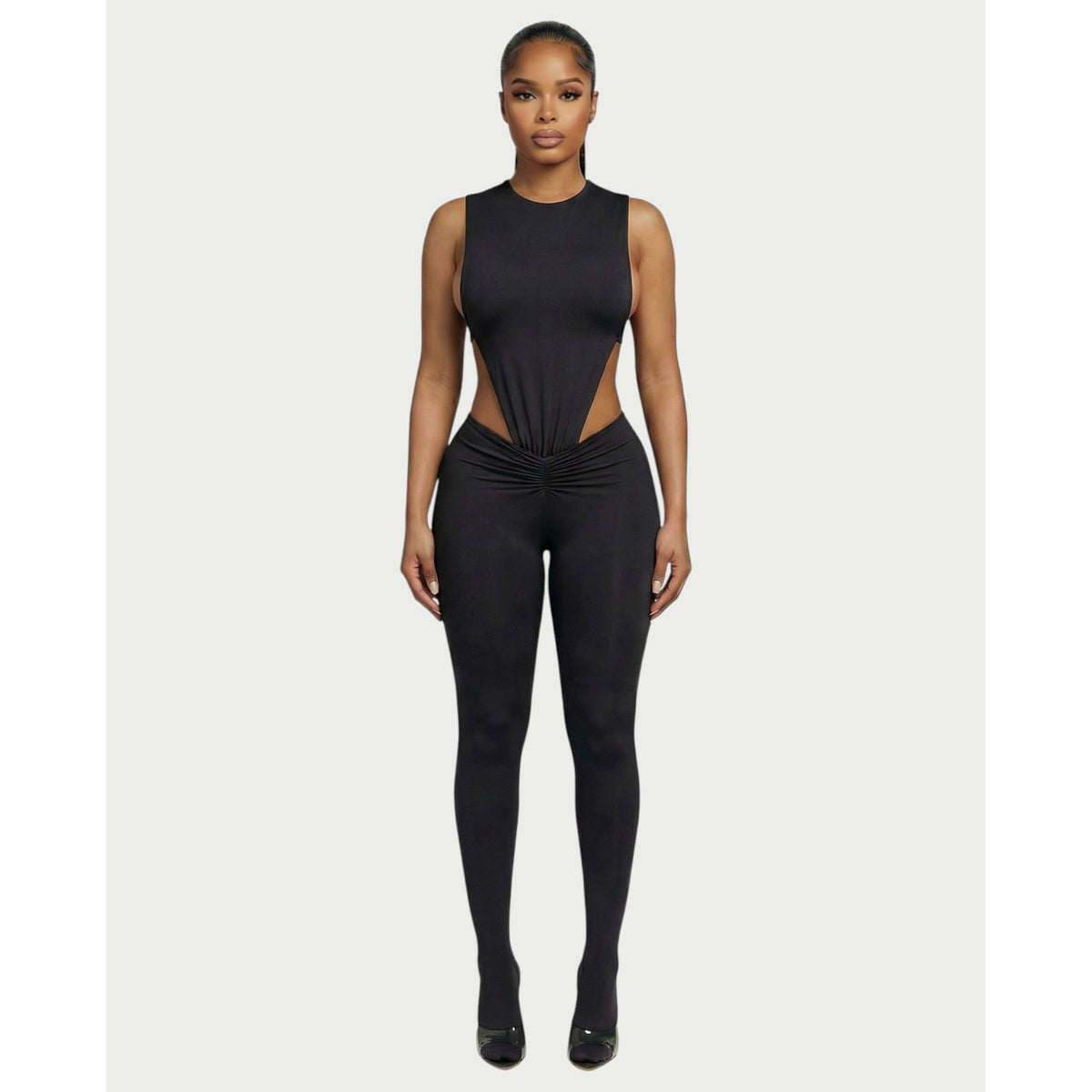 Women's Two Piece Set Sleeveless Cutout Bodysuit and Ruched High Waist Leggings - Image 1