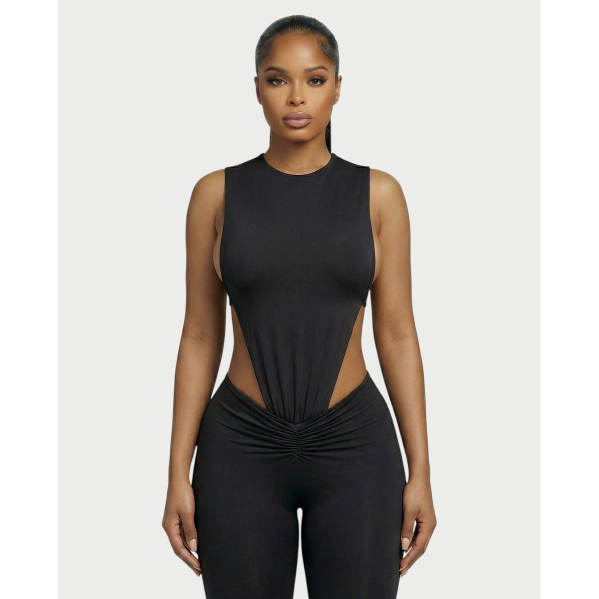 Women's Two Piece Set Sleeveless Cutout Bodysuit and Ruched High Waist Leggings - Image 4