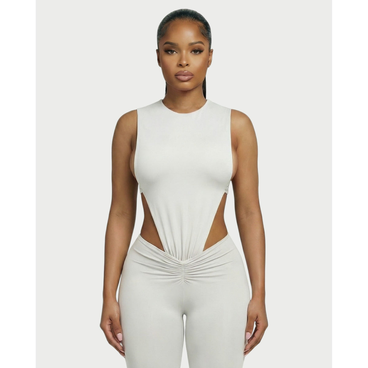 Women's Two Piece Set Sleeveless Cutout Bodysuit and Ruched High Waist Leggings - Image 9