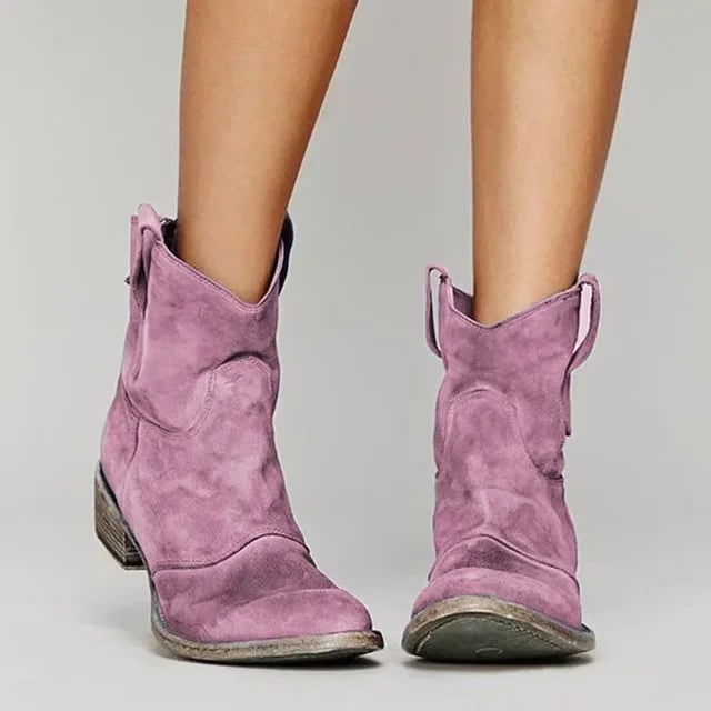 Women's Western Ankle Boots with Suede Block Heel and Pull Tabs - Image 10