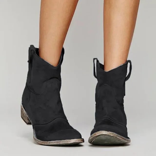 Women's Western Ankle Boots with Suede Block Heel and Pull Tabs - Image 7