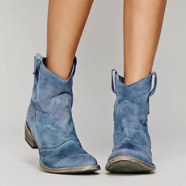Women's Western Ankle Boots with Suede Block Heel and Pull Tabs - Image 8