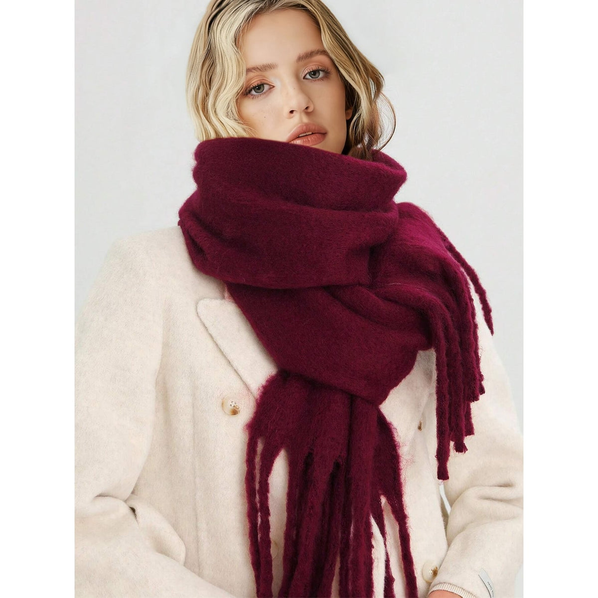 Women's Winter Oversized Blanket Scarf Brushed Knit with Chunky Tassels - Image 1