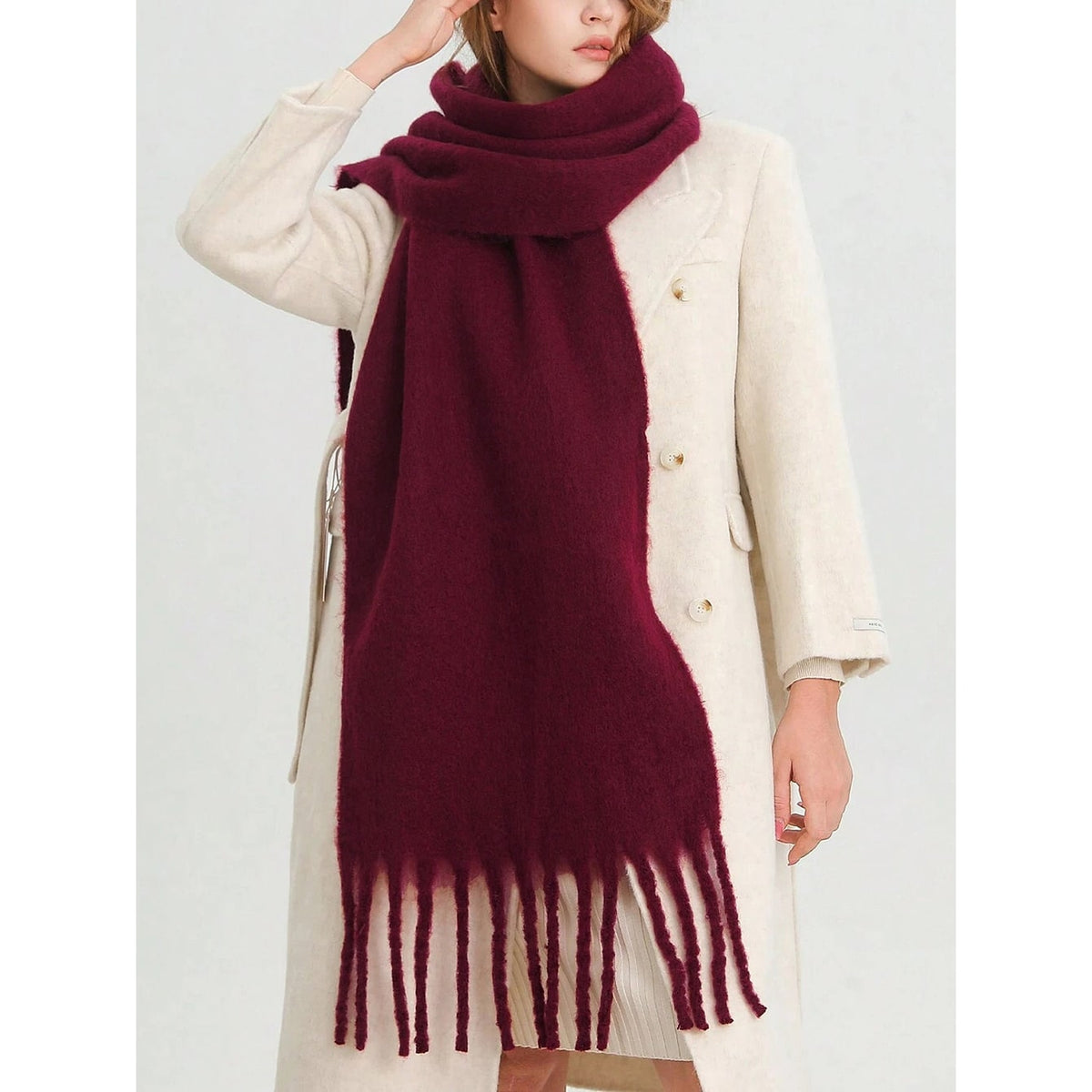 Women's Winter Oversized Blanket Scarf Brushed Knit with Chunky Tassels - Image 2