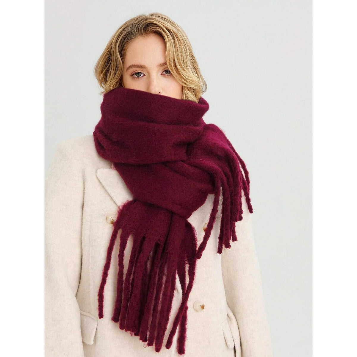 Women's Winter Oversized Blanket Scarf Brushed Knit with Chunky Tassels - Image 4