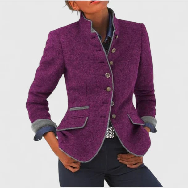 Women's Wool Blend Jacket with Stand Collar and Button Closure for Business Casual - Image 1