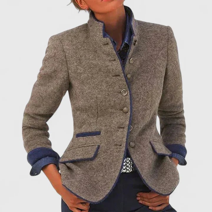 Women's Wool Blend Jacket with Stand Collar and Button Closure for Business Casual - Image 2