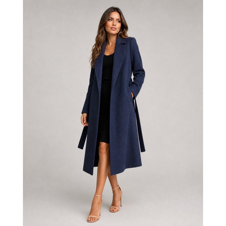 Women's Wool Trench Coat with Belted Wrap Closure and Notched Lapel - Image 1