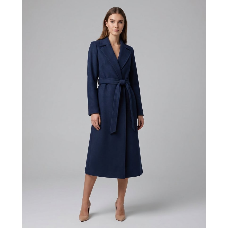 Women's Wool Trench Coat with Belted Wrap Closure and Notched Lapel - Image 3