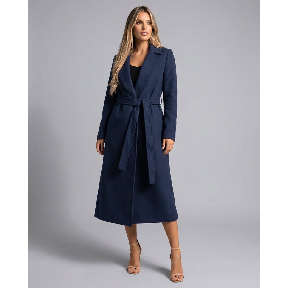 Women's Wool Trench Coat with Belted Wrap Closure and Notched Lapel - Image 4