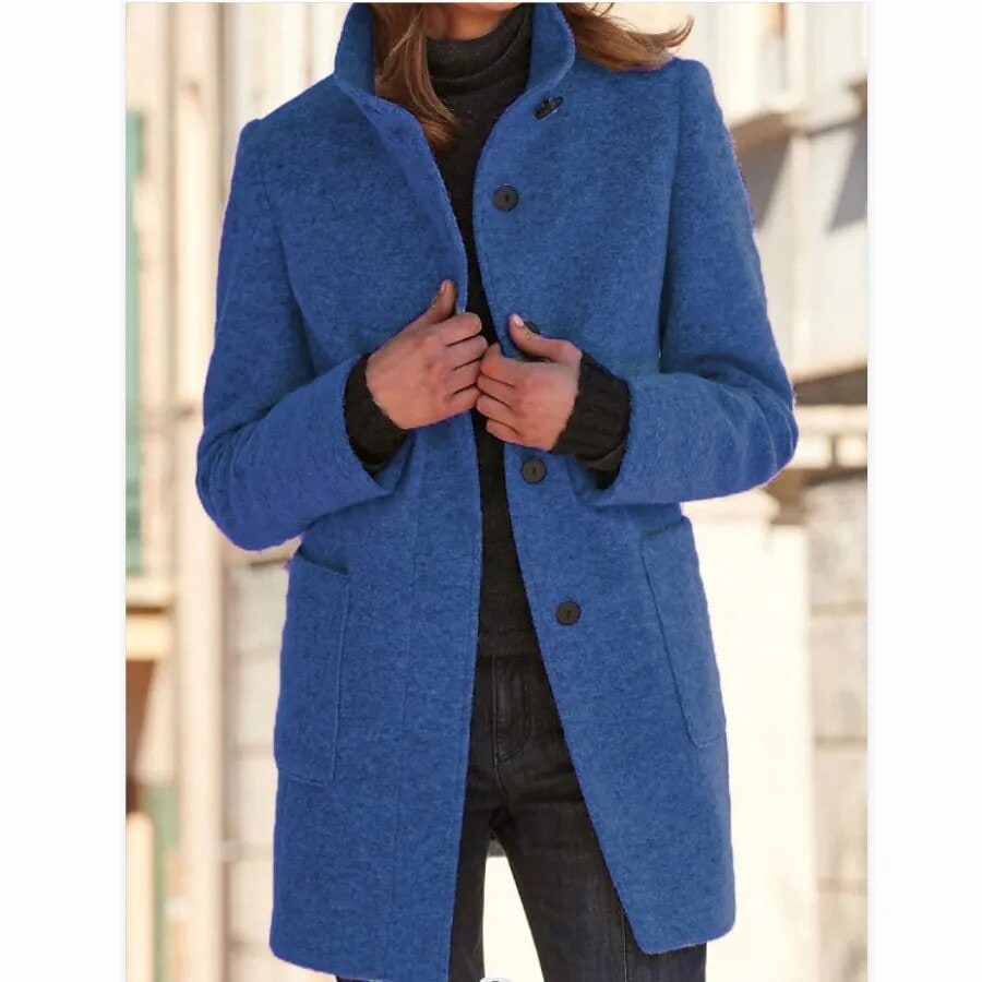 Women's Wool Winter Coat with Standing Collar and Front Patch Pockets - Image 2