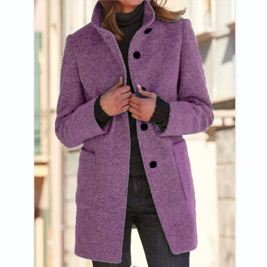 Women's Wool Winter Coat with Standing Collar and Front Patch Pockets - Image 4