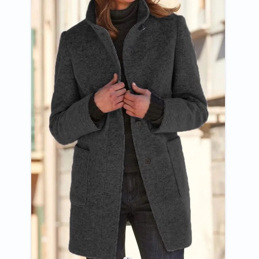 Women's Wool Winter Coat with Standing Collar and Front Patch Pockets - Image 5