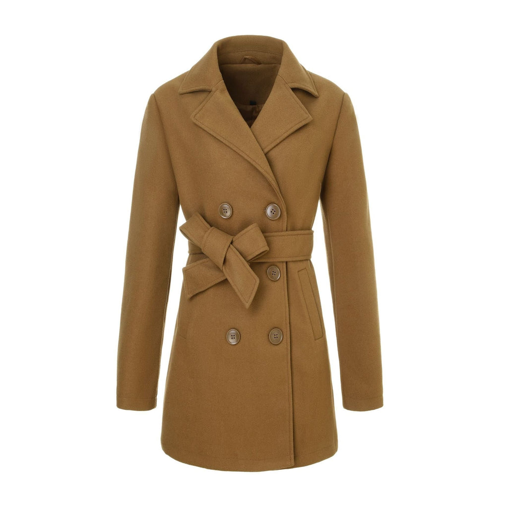 Women's Wool Winter Double Breasted Coat with Notched Lapel and Belted Waist - Image 1