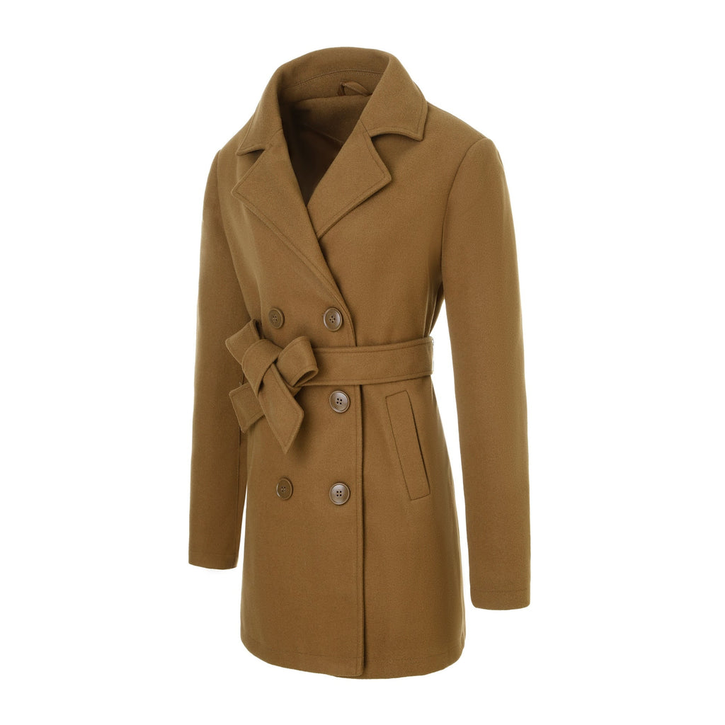 Women's Wool Winter Double Breasted Coat with Notched Lapel and Belted Waist - Image 2