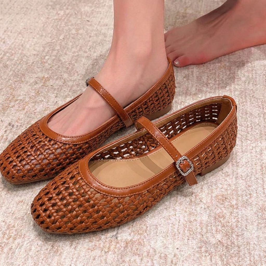 Women's Woven Mary Jane Flats with Adjustable Buckle Strap and Mesh - Image 1