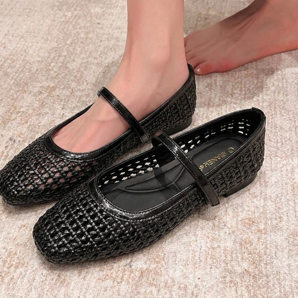 Women's Woven Mary Jane Flats with Adjustable Buckle Strap and Mesh - Image 2