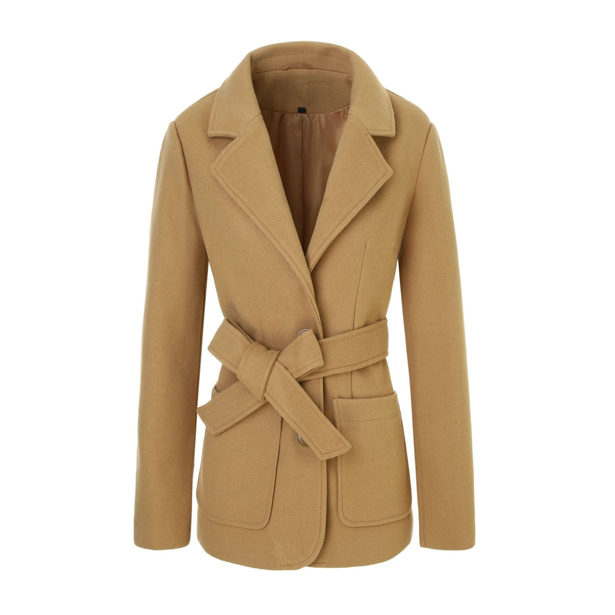 Women's Wrap Wool Coat with Notched Lapel and Belted Waist - Image 1