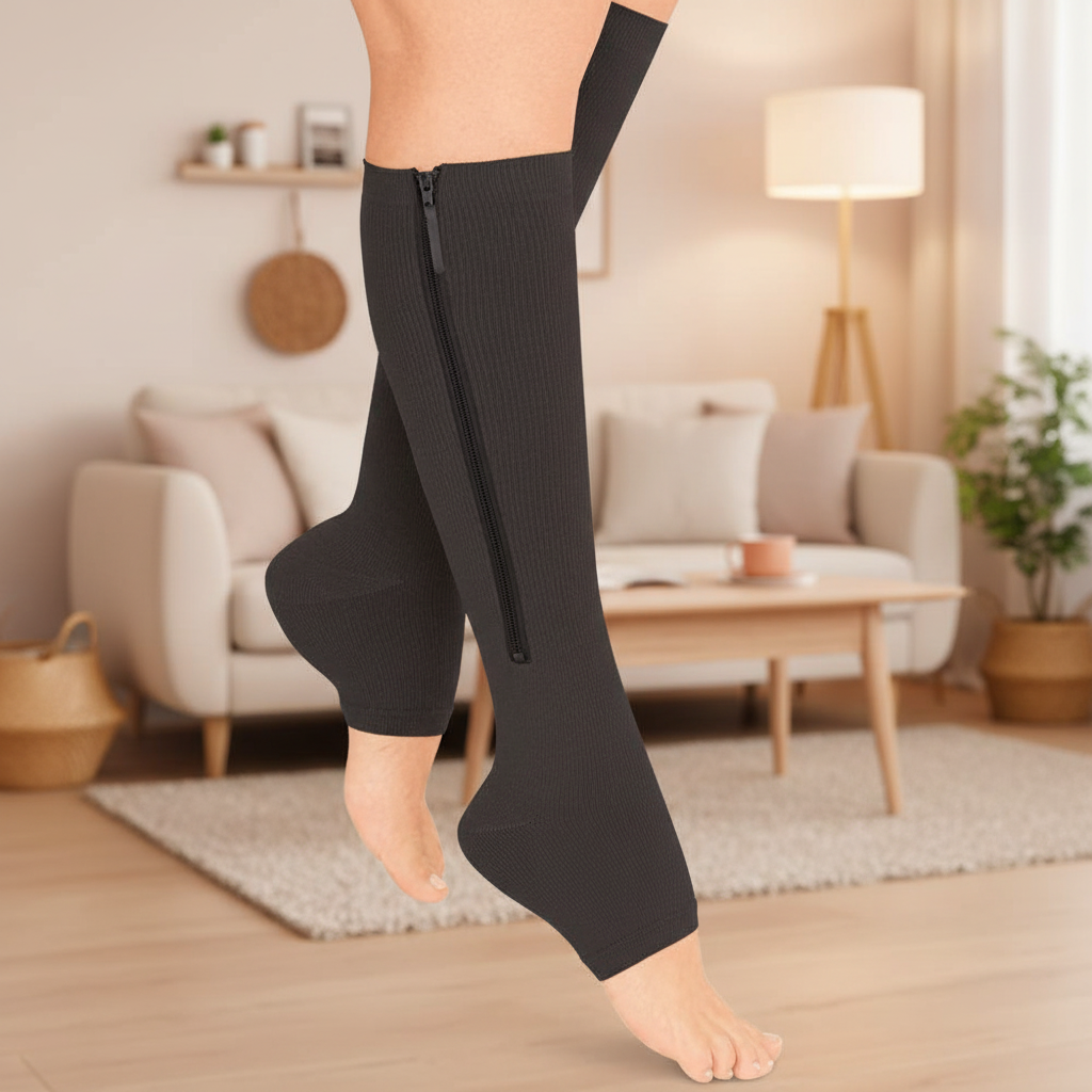 Women's Zipper Compression Socks Knee High Graduated Open Toe with Reinforced Heel - Image 1